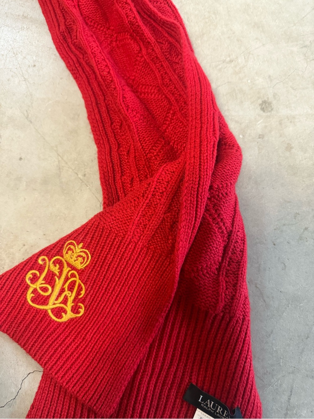 Lauren Ralph Lauren Red Cable-Knit scarf with Gold Embroidered Crest